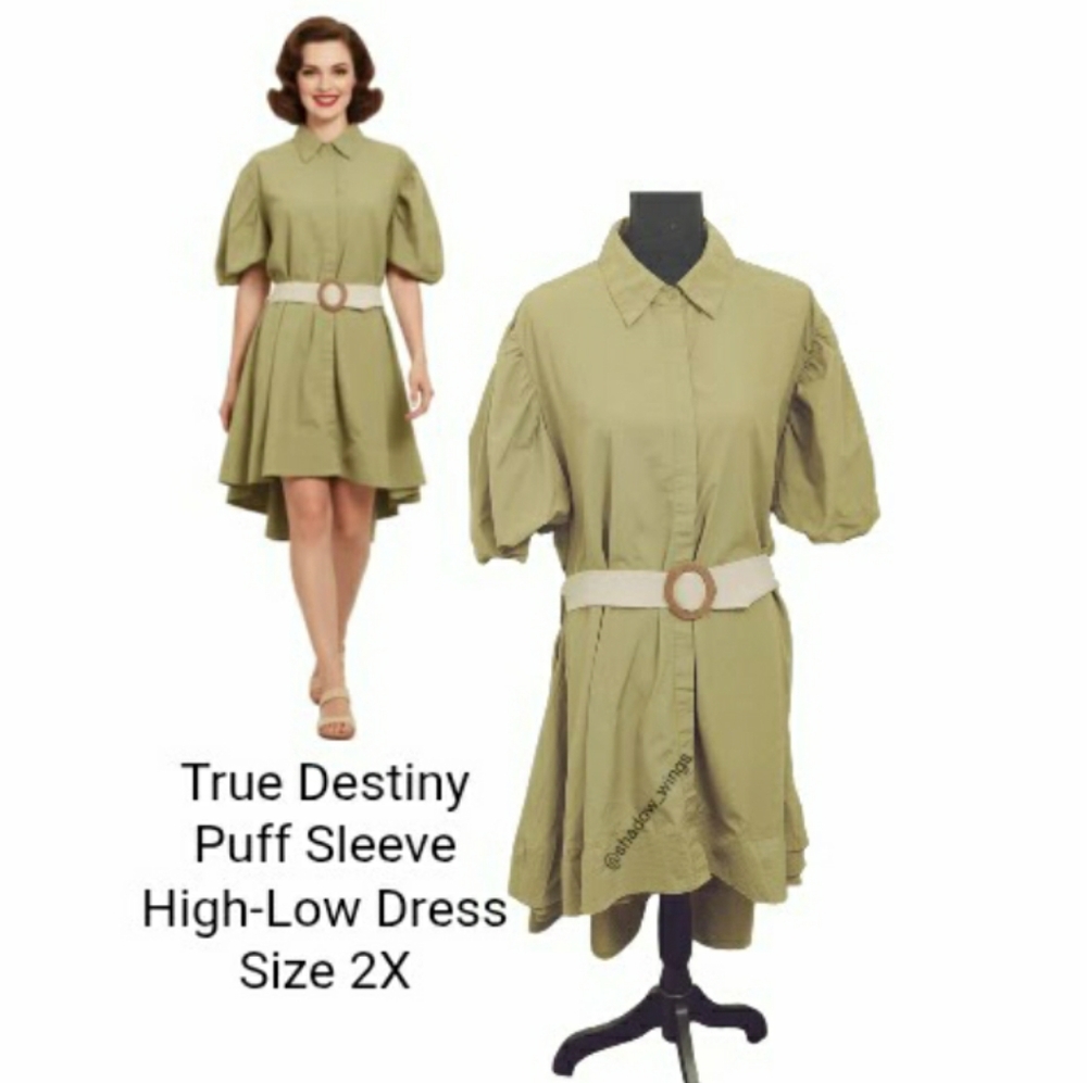 True Destiny Puff Sleeve High Low Dress with Woven Belt - Sz 2X Dark Khaki Dress